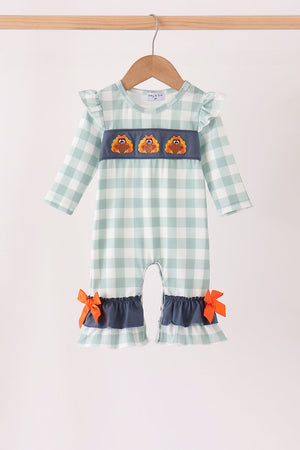 Sage Turkey Embroidery Gingham Ruffle Romper