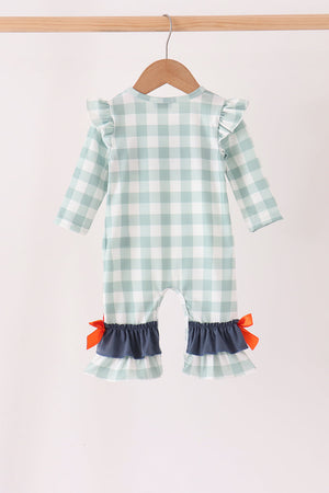 Sage Turkey Embroidery Gingham Ruffle Romper