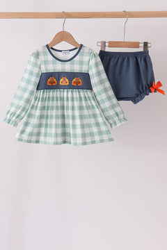 Sage Turkey Embroidery Gingham Ruffle Bloomer Set