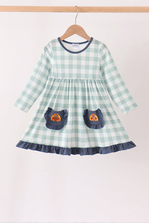 Sage Turkey Embroidery Gingham Dress