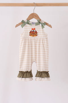 Olive turkey applique stripe ruffle romper