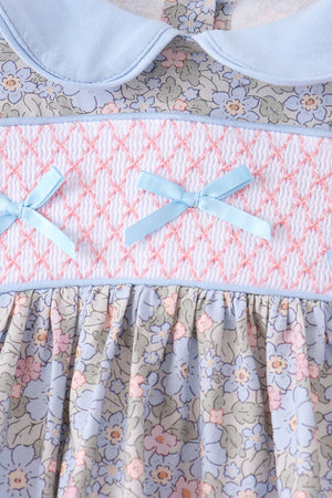 Blue Floral Bow Smocked Bloomer Set