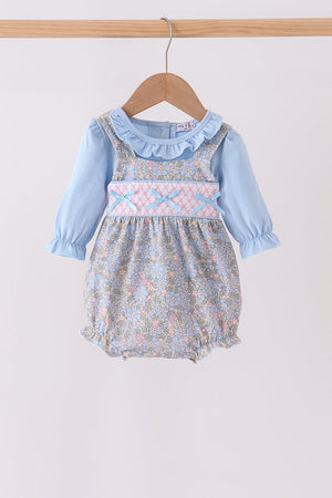 Blue Floral Bow Smocked 2pc Bubble Set