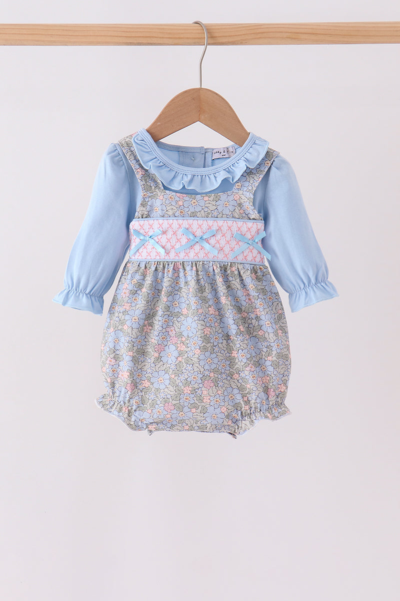 Blue Floral Bow Smocked 2pc Bubble Set