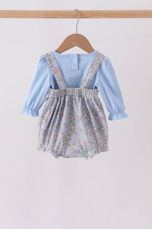 Blue Floral Bow Smocked 2pc Bubble Set