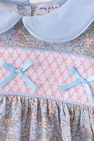 Blue Floral Bow Smocked Ruffle Pants Set