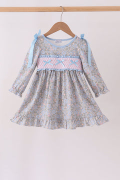 Blue Floral Bow Smocked Ruffle Dress