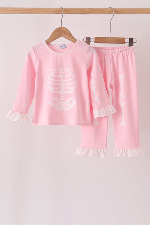 Pink skeleton print ruffle pants set