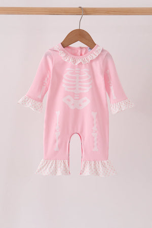 Pink skeleton print ruffle romper