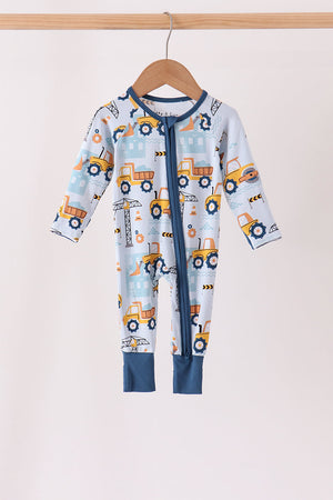Blue Construction Trucks Zip Bamboo Romper