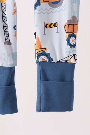 Blue Construction Trucks Zip Bamboo Romper