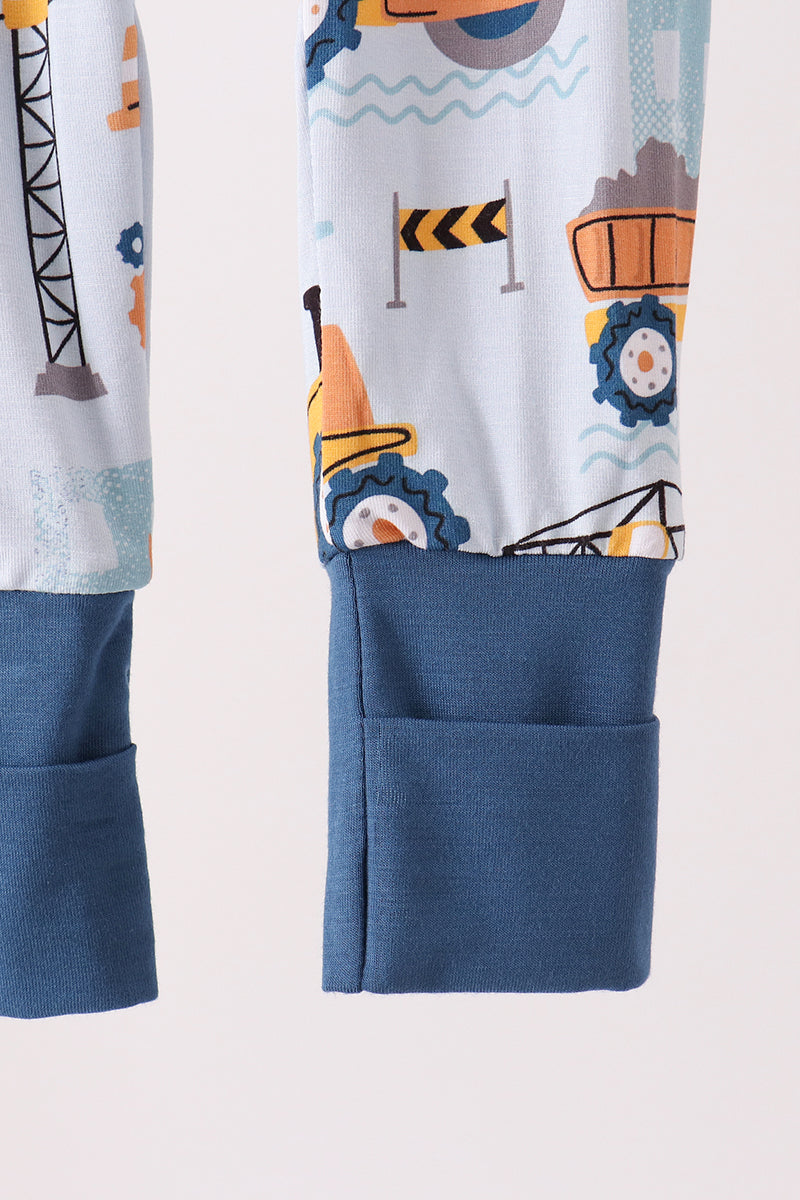Blue Construction Trucks Zip Bamboo Romper