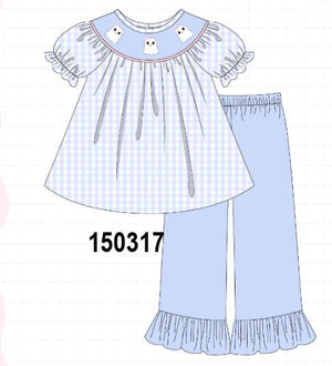 Blue ghost embroidery gingham ruffle pants set