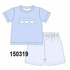 Blue ghost embroidery gingham shorts set
