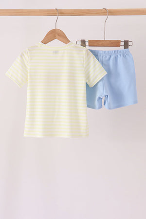 Yellow stripe pumpkin embroidery shorts set