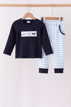 Navy Airplane Embroidery Pants Set