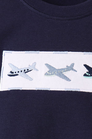Navy Airplane Embroidery Pants Set