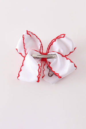 Red gingerbread embroidery crochet edge hair bow