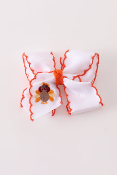 Rust turkey embroidery crochet edge hair bow