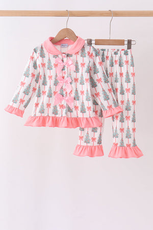 Pink Christmas Tree Bow Ruffle Pajama Set
