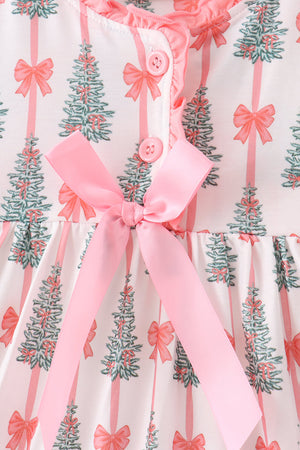 Pink Christmas Tree Bow Ruffle Dress
