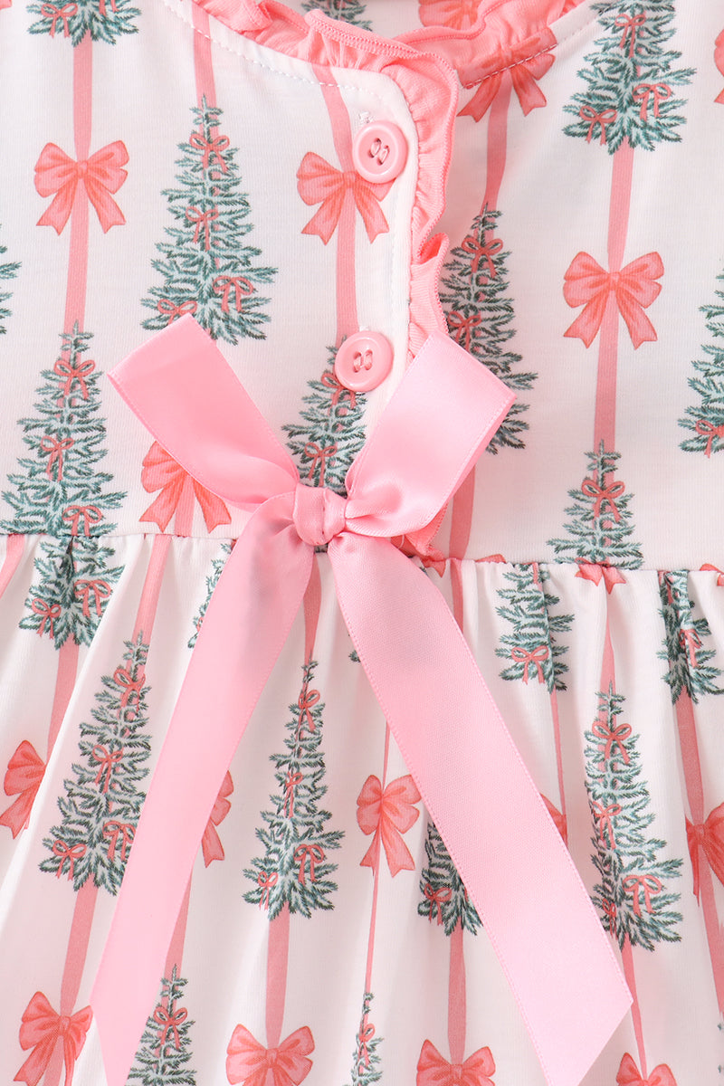 Pink Christmas Tree Bow Ruffle Dress