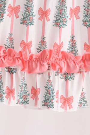 Pink Christmas Tree Bow Ruffle Dress