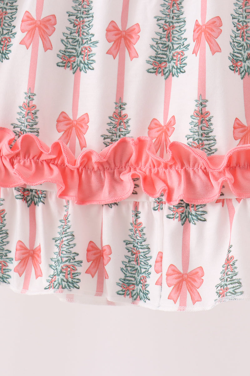 Pink Christmas Tree Bow Ruffle Dress