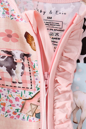Pink Farm Animals Zip Bamboo Romper