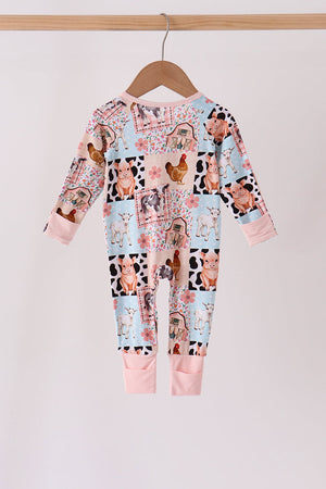 Pink Farm Animals Zip Bamboo Romper