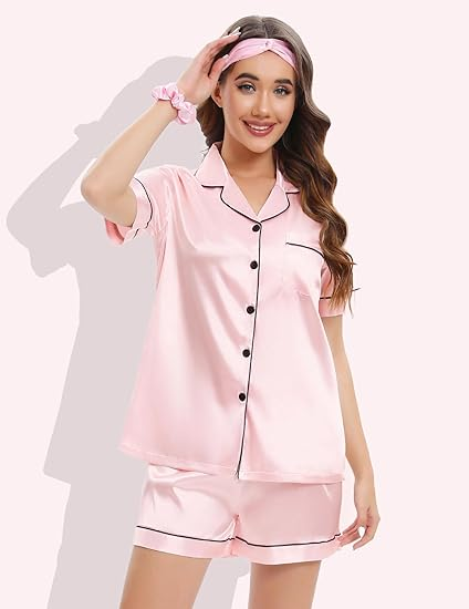 Women's Pink Silk Pajamas Set Short Sleeve Sleepwear Satin Button Down Pj Sets 4Pcs Pjs Shorts Hairband Hair Loop
