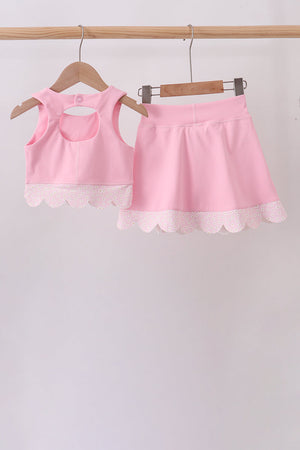 Pink scalloped active skorts set