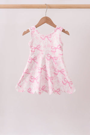 Pink Performance Bow Print Scalloped Dress