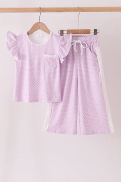 Lavender polka dot pocket ruffle pants set