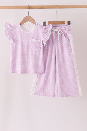 Lavender polka dot pocket ruffle pants set
