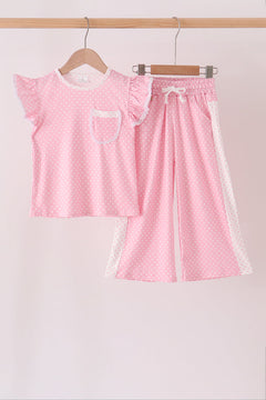 Pink polka dot pocket ruffle pants set