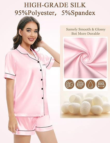 Women's Pink Silk Pajamas Set Short Sleeve Sleepwear Satin Button Down Pj Sets 4Pcs Pjs Shorts Hairband Hair Loop