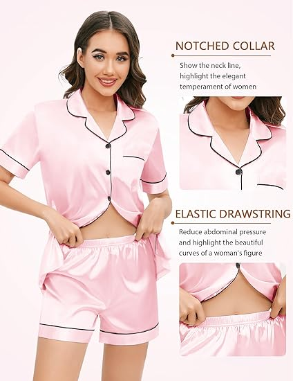 Women's Pink Silk Pajamas Set Short Sleeve Sleepwear Satin Button Down Pj Sets 4Pcs Pjs Shorts Hairband Hair Loop