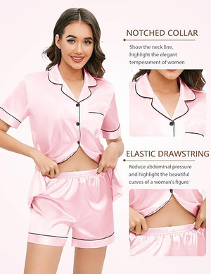 Women's Pink Silk Pajamas Set Short Sleeve Sleepwear Satin Button Down Pj Sets 4Pcs Pjs Shorts Hairband Hair Loop