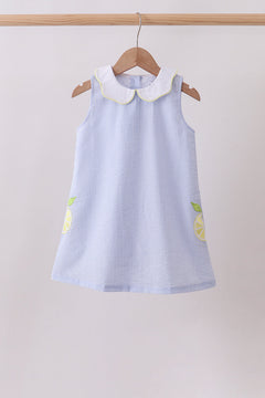 Blue stripe seersucker lemon applique dress