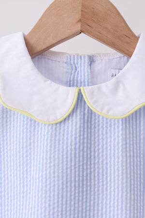 Blue stripe seersucker lemon applique dress