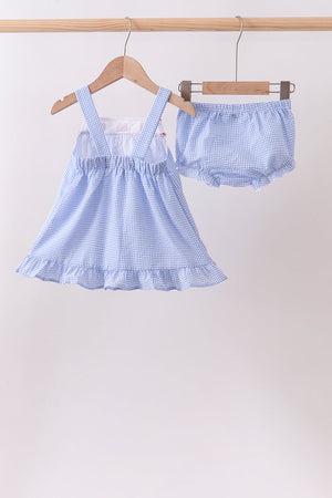 Blue flag embroidery ruffle bloomer set