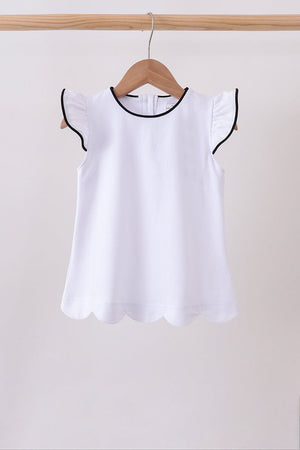 Snow white flutter sleeve scalloped top
