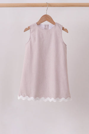 Khaki Seersucker Stripe Scalloped Dress