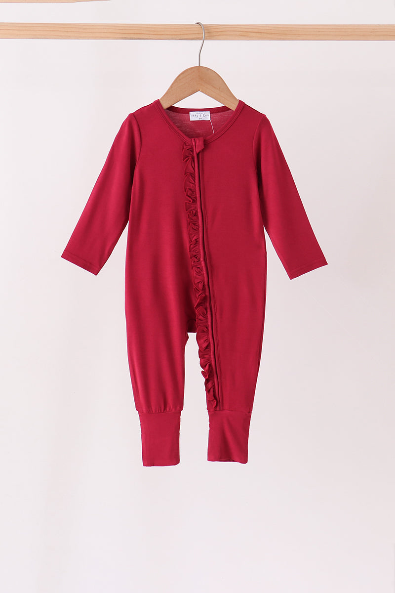 Burgundy ruffle zipper bamboo anti-slip romper