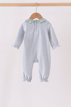 Sage turkey embroidery ruffle stripe romper
