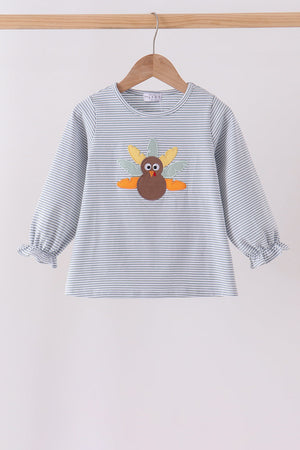 Sage turkey embroidery stripe top