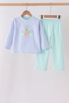 Blue turkey embroidery stripe pants set