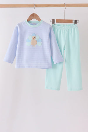 Blue turkey embroidery stripe pants set