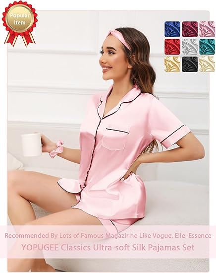 Women's Pink Silk Pajamas Set Short Sleeve Sleepwear Satin Button Down Pj Sets 4Pcs Pjs Shorts Hairband Hair Loop